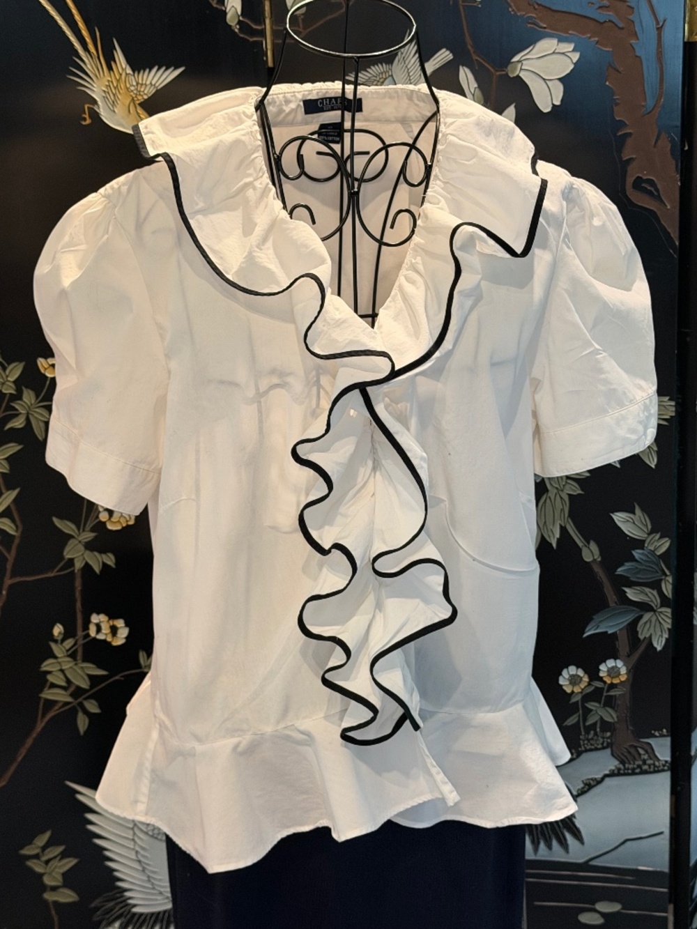 Chaps White Cotton Ruffle Statement Blouse Black Trim Peplum - Size XL